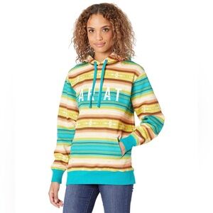 Ariat Real Baja Size 1X Hooded Pullover Sweatshirt Aztec Striped Blue Yellow